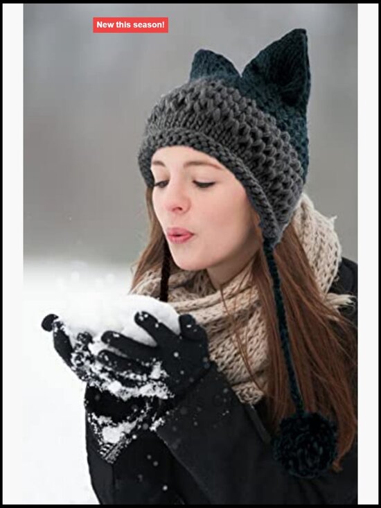 Handmade Crochet Cat Ear Beanie with Ear Flap Pompom Y2K Gothic Winter Hat main image 5